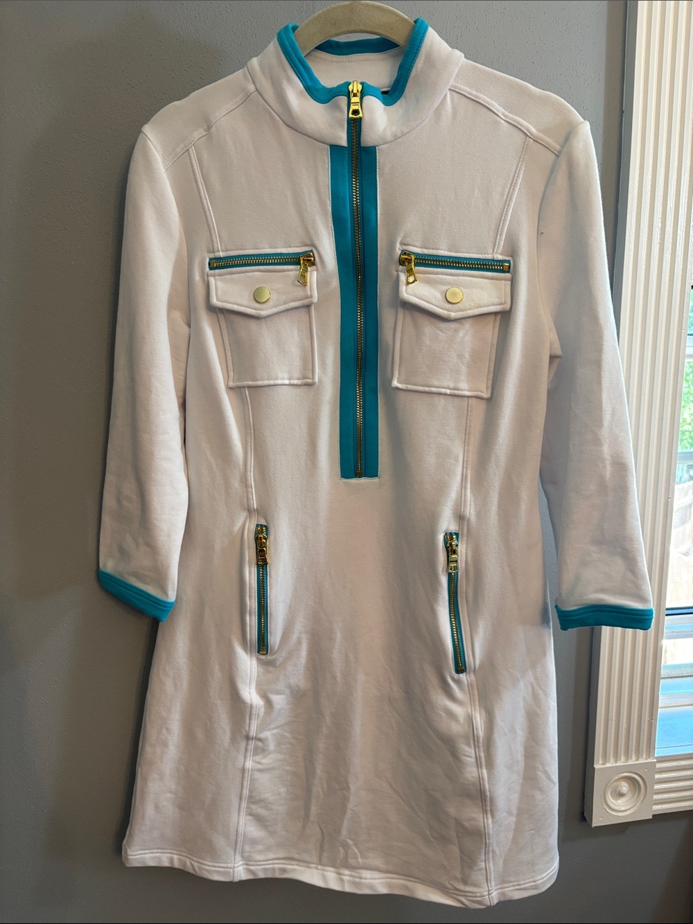 Boston Proper 3/4 Sleeve Chic Zip Dress, white with Teal Trim, Gold Zippers, XS